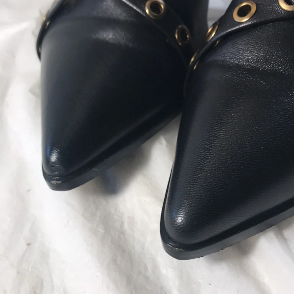 Cecelia New York Women’s Black Leather Dundy Buckle Pointy Toe Ankle Boots